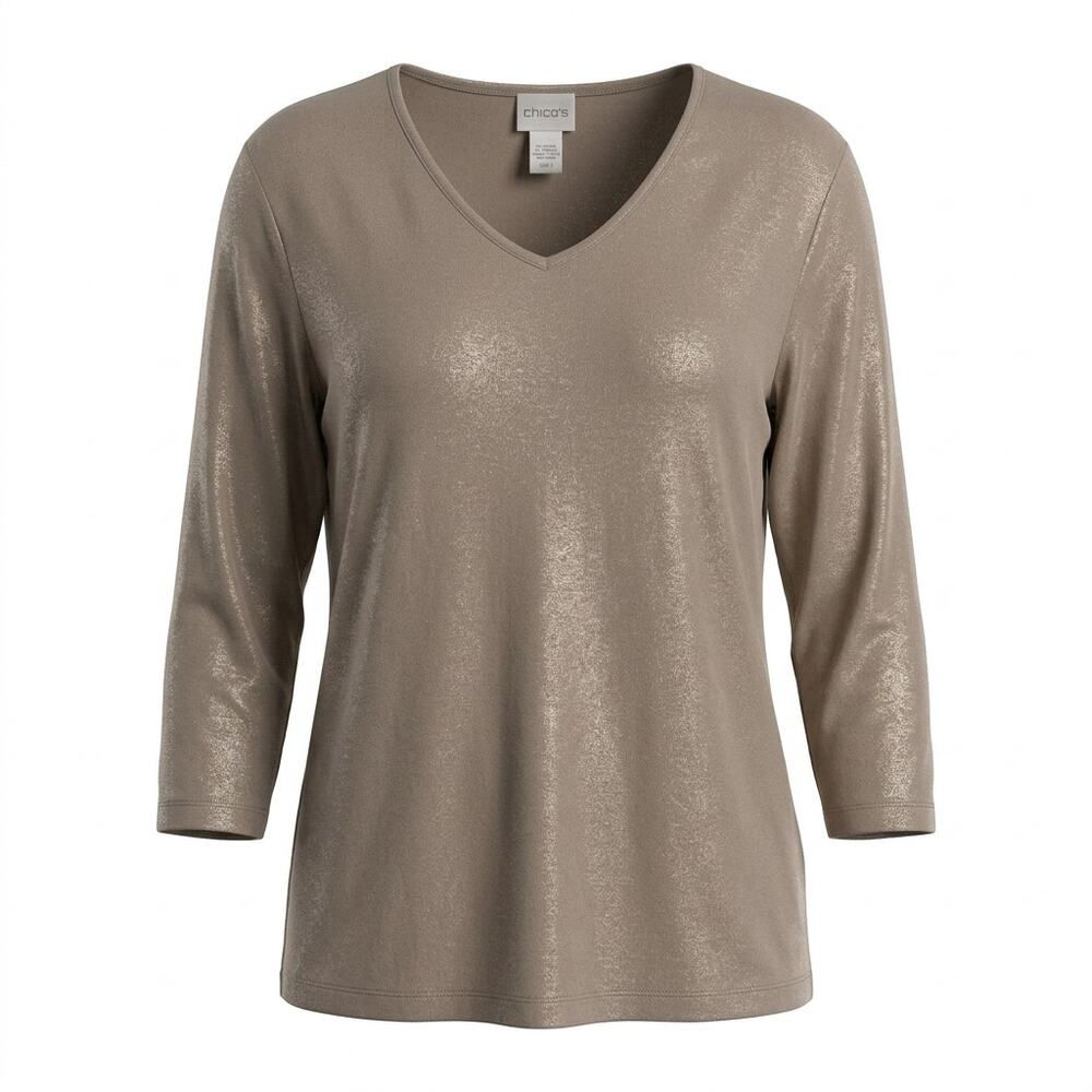 Chico's Taupe Beige Shimmer Knit V-Neck 3/4 Sleeve Top Women Size 3